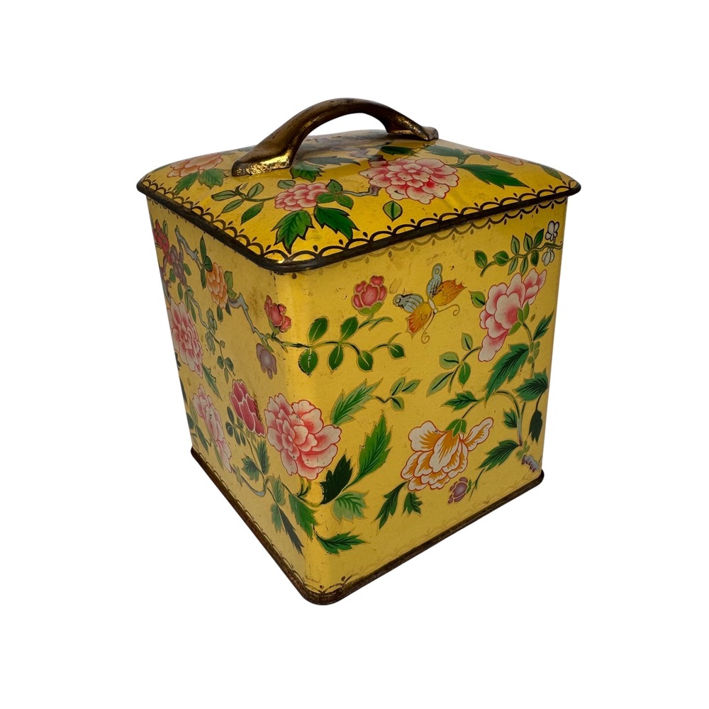 Vintage Cottagecore Yellow Chinoiserie Floral Metal Tin Lidded Canister Handle